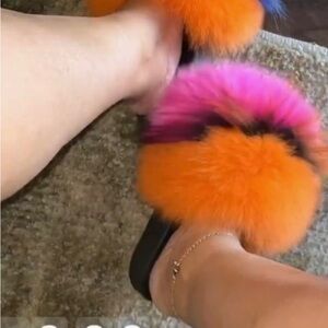 Orange Pink Real Fur Slides
